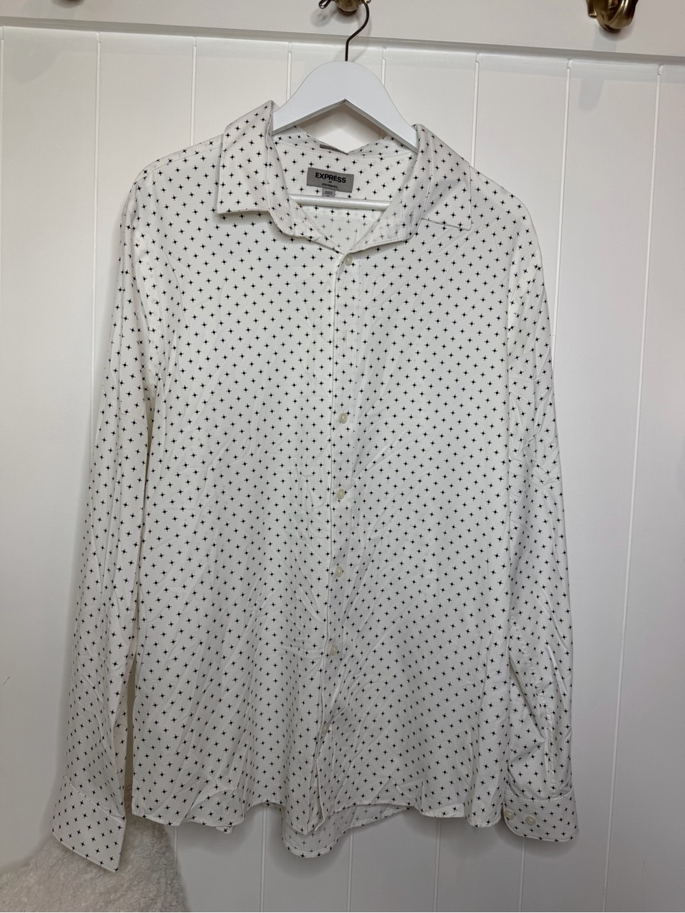 Express White Button-Up Shirt with Black Dot Pattern